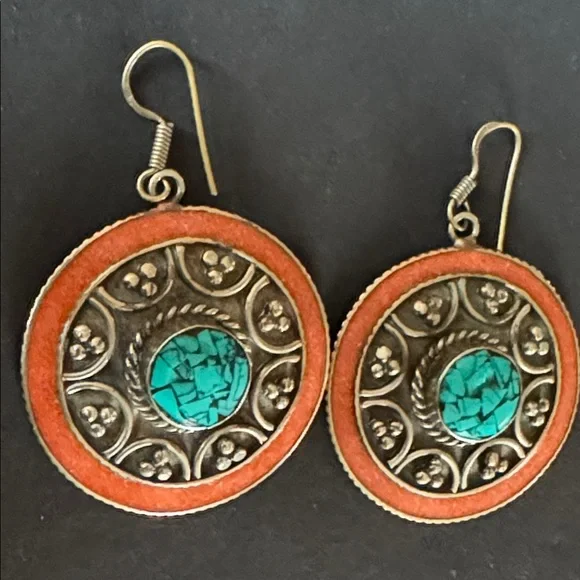 Nepalese Coral and Turquoise Boho Earrings - Picture 6 of 13
